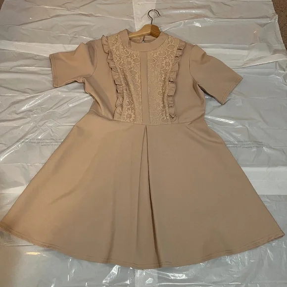 NWT ASOS Lace Panel Fit & Flare Dress Soft Taupe Beige/ Nude Beige Size US 12 - Picture 7 of 16